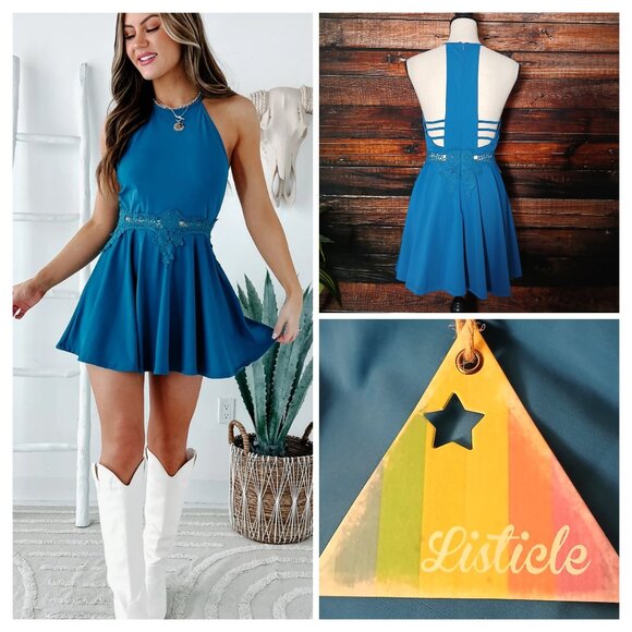 Listicle Dresses & Skirts - NWT Listicle Mini Dress Size S Blue Skater Lace Applique Open Shoulder Nylon